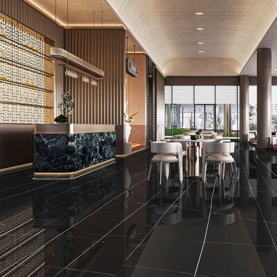 1200x2700mm 大理石調磁器タイル、薄塗りモルタル工法、ポリッシュマット仕上げ、商業施設内装用